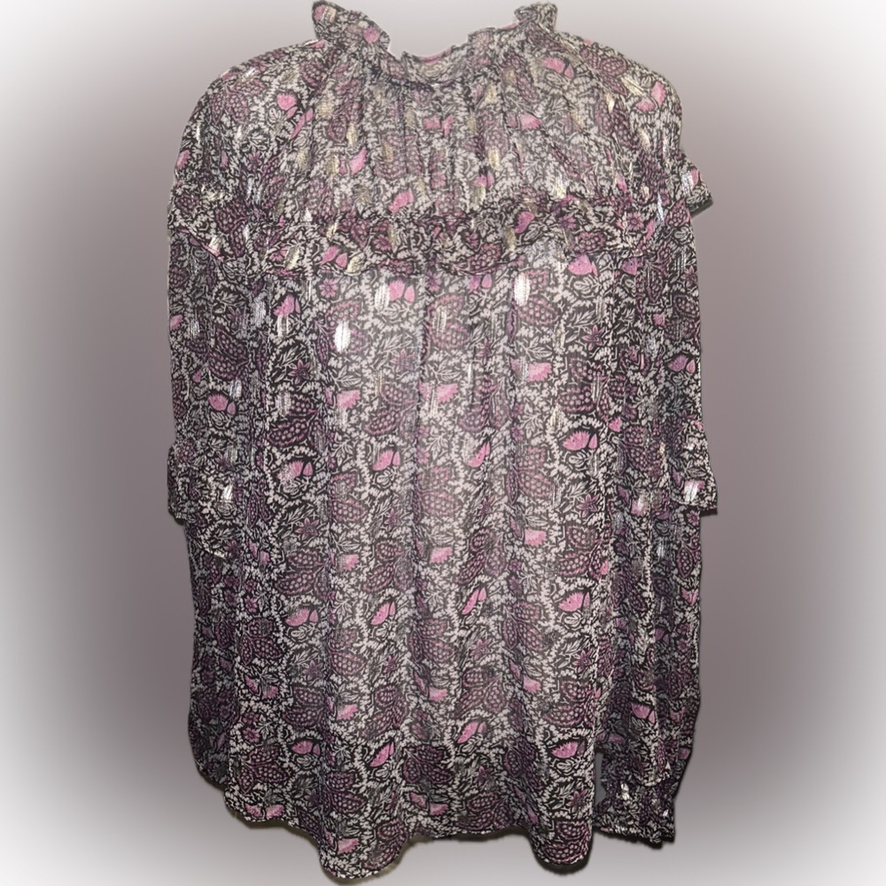 EUC INC SZ M black/pink/gray/silver metallic sheer top w/ruffles/bust 24” - Picture 2 of 8
